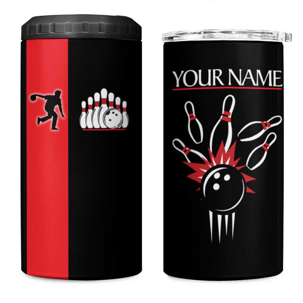 Custom Red and Black Bowling 4 in 1 Can Cooler Tumbler with Strike Explosion Graphic Custom Name and Bowler Silhouette - Wonder Print Shop