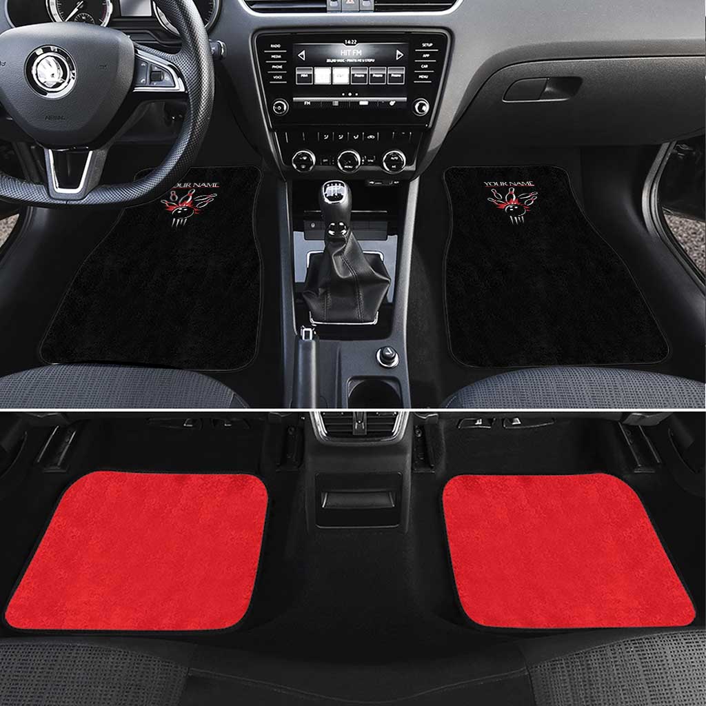 Custom Red and Black Bowling Car Mats with Strike Explosion Graphic Custom Name and Bowler Silhouette - Wonder Print Shop
