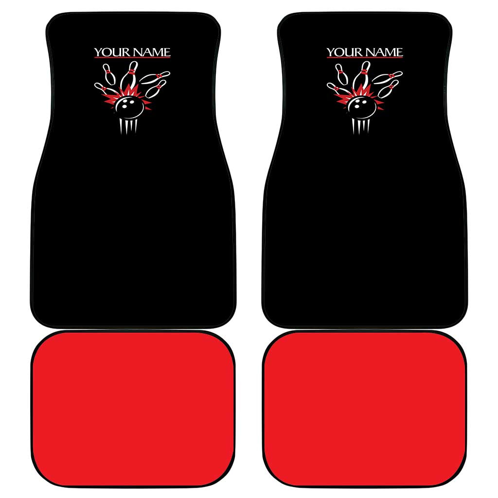 Custom Red and Black Bowling Car Mats with Strike Explosion Graphic Custom Name and Bowler Silhouette - Wonder Print Shop
