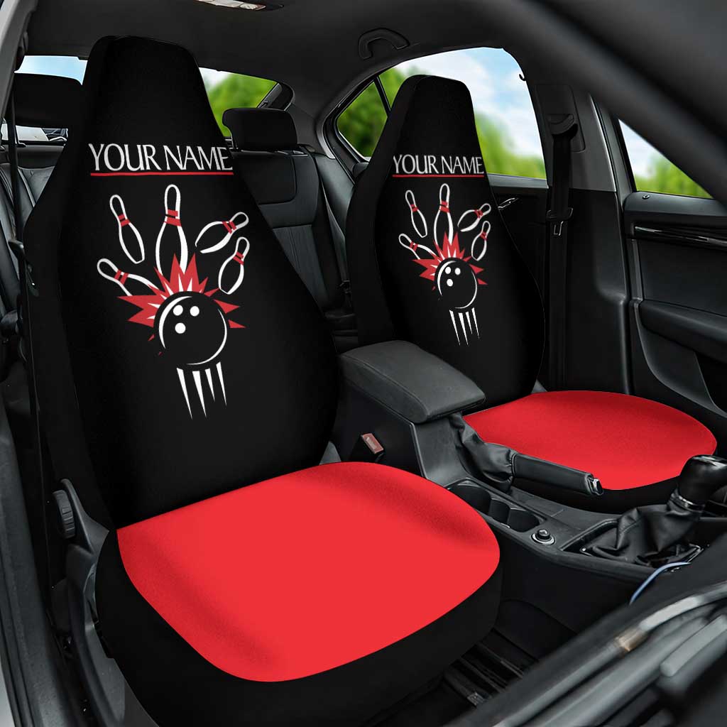 Custom Red and Black Bowling Car Seat Cover with Strike Explosion Graphic Custom Name and Bowler Silhouette - Wonder Print Shop