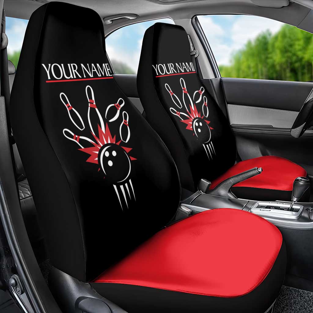 Custom Red and Black Bowling Car Seat Cover with Strike Explosion Graphic Custom Name and Bowler Silhouette - Wonder Print Shop
