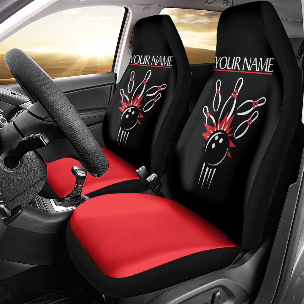 Custom Red and Black Bowling Car Seat Cover with Strike Explosion Graphic Custom Name and Bowler Silhouette - Wonder Print Shop