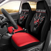 Custom Red and Black Bowling Car Seat Cover with Strike Explosion Graphic Custom Name and Bowler Silhouette - Wonder Print Shop