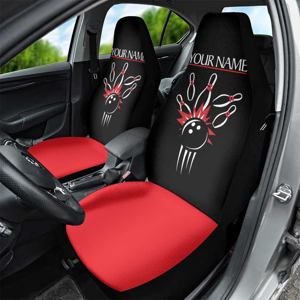 Custom Red and Black Bowling Car Seat Cover with Strike Explosion Graphic Custom Name and Bowler Silhouette - Wonder Print Shop