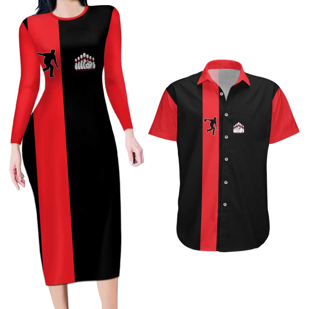 Custom Red and Black Bowling Couples Matching Long Sleeve Bodycon Dress and Hawaiian Shirt with Strike Explosion Graphic Custom Name and Bowler Silhouette - Wonder Print Shop