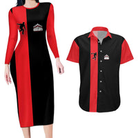 Custom Red and Black Bowling Couples Matching Long Sleeve Bodycon Dress and Hawaiian Shirt with Strike Explosion Graphic Custom Name and Bowler Silhouette - Wonder Print Shop