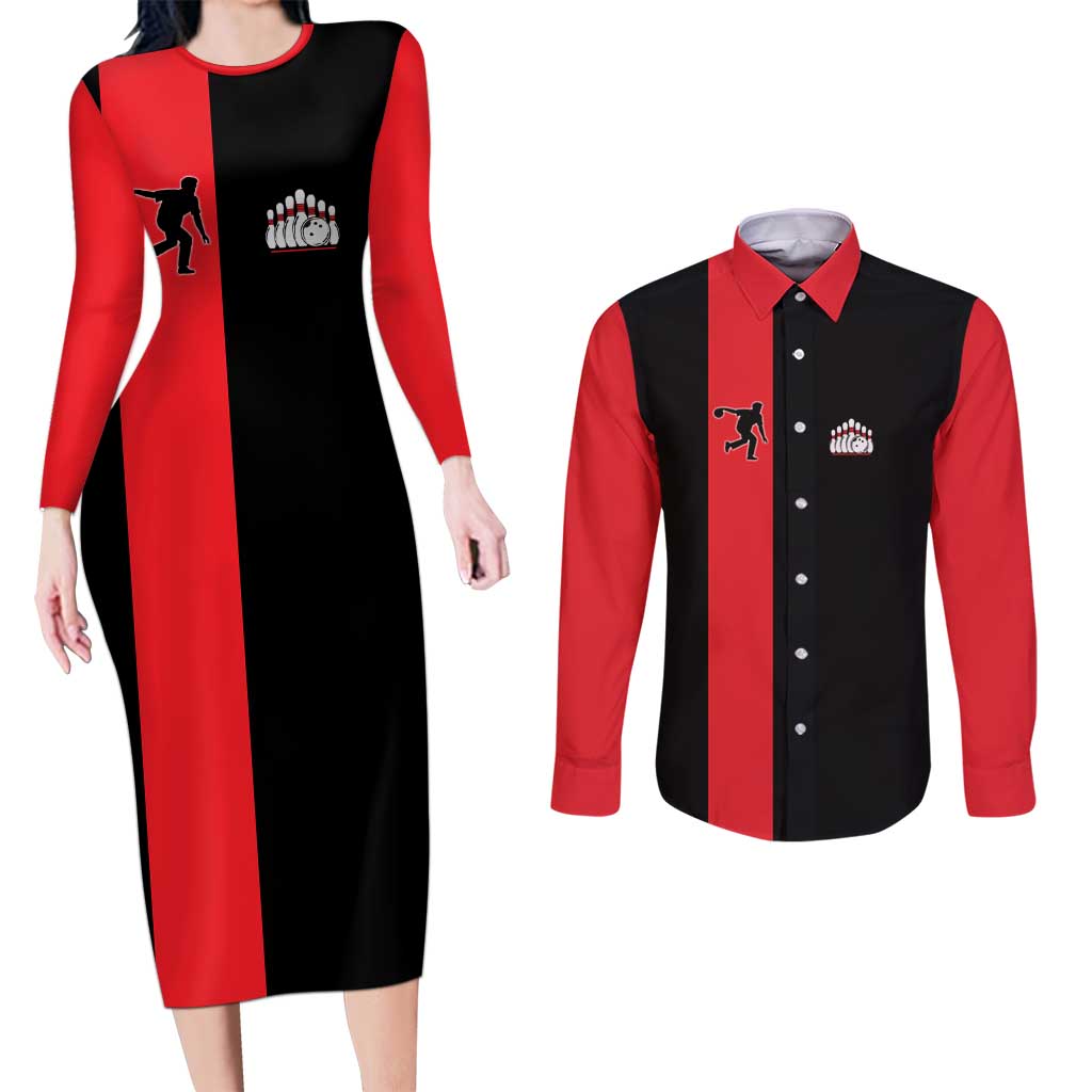 Custom Red and Black Bowling Couples Matching Long Sleeve Bodycon Dress and Long Sleeve Button Shirt with Strike Explosion Graphic Custom Name and Bowler Silhouette - Wonder Print Shop