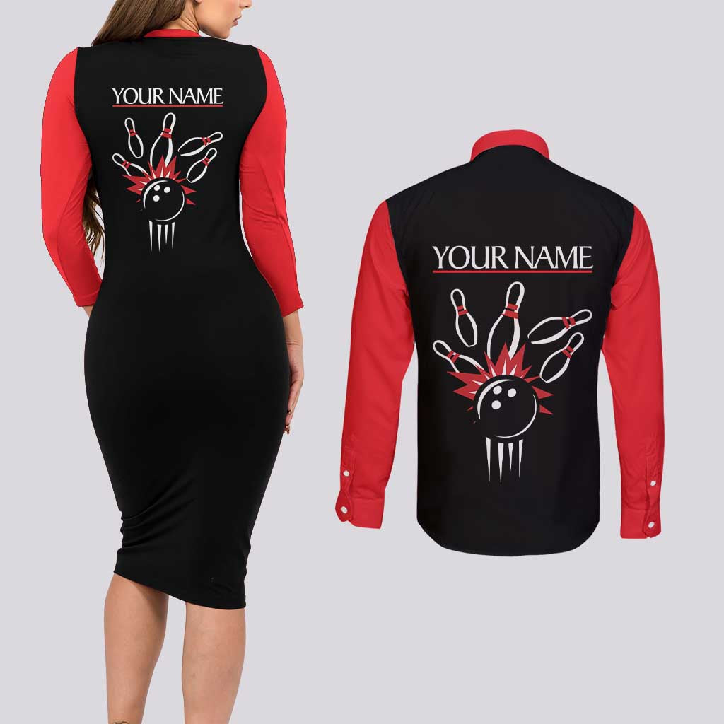 Custom Red and Black Bowling Couples Matching Long Sleeve Bodycon Dress and Long Sleeve Button Shirt with Strike Explosion Graphic Custom Name and Bowler Silhouette - Wonder Print Shop