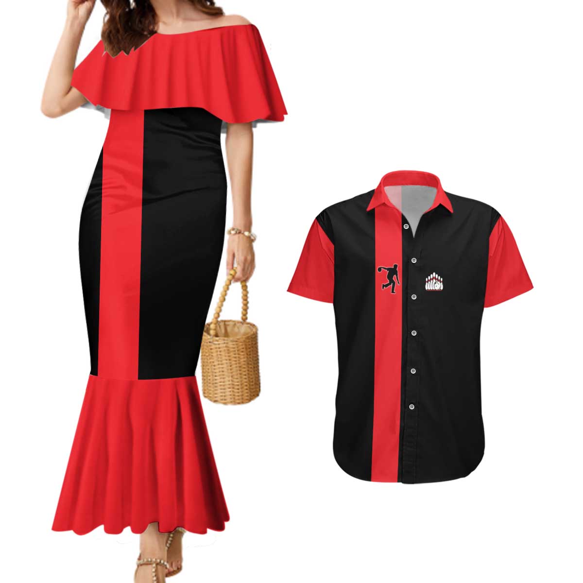 Custom Red and Black Bowling Couples Matching Mermaid Dress and Hawaiian Shirt with Strike Explosion Graphic Custom Name and Bowler Silhouette - Wonder Print Shop