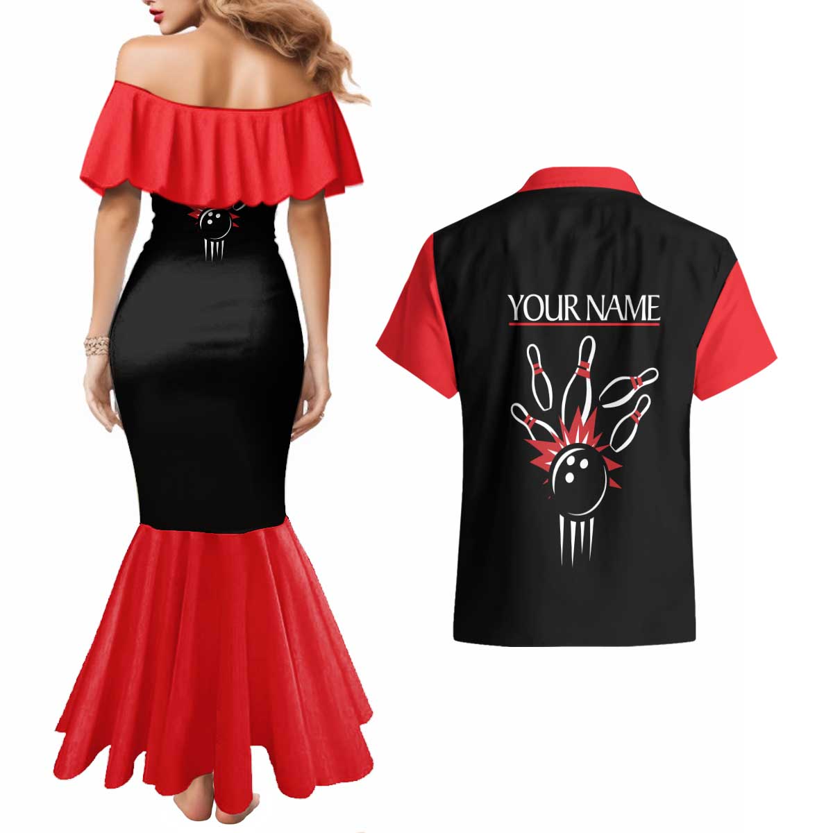 Custom Red and Black Bowling Couples Matching Mermaid Dress and Hawaiian Shirt with Strike Explosion Graphic Custom Name and Bowler Silhouette - Wonder Print Shop