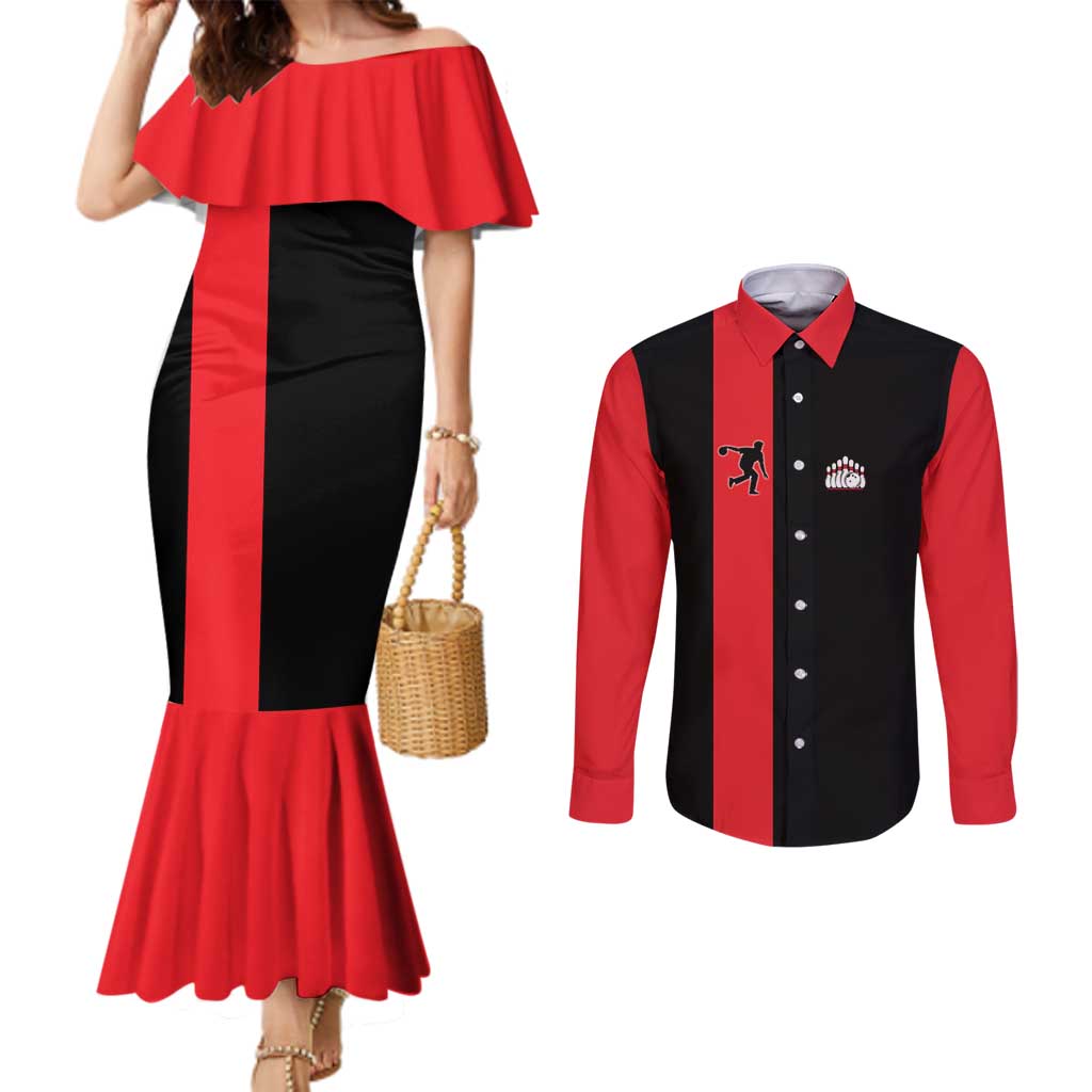 Custom Red and Black Bowling Couples Matching Mermaid Dress and Long Sleeve Button Shirt with Strike Explosion Graphic Custom Name and Bowler Silhouette - Wonder Print Shop