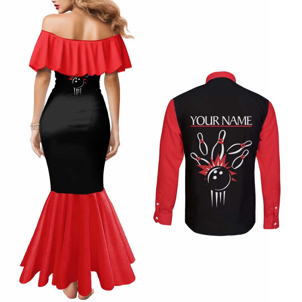 Custom Red and Black Bowling Couples Matching Mermaid Dress and Long Sleeve Button Shirt with Strike Explosion Graphic Custom Name and Bowler Silhouette - Wonder Print Shop
