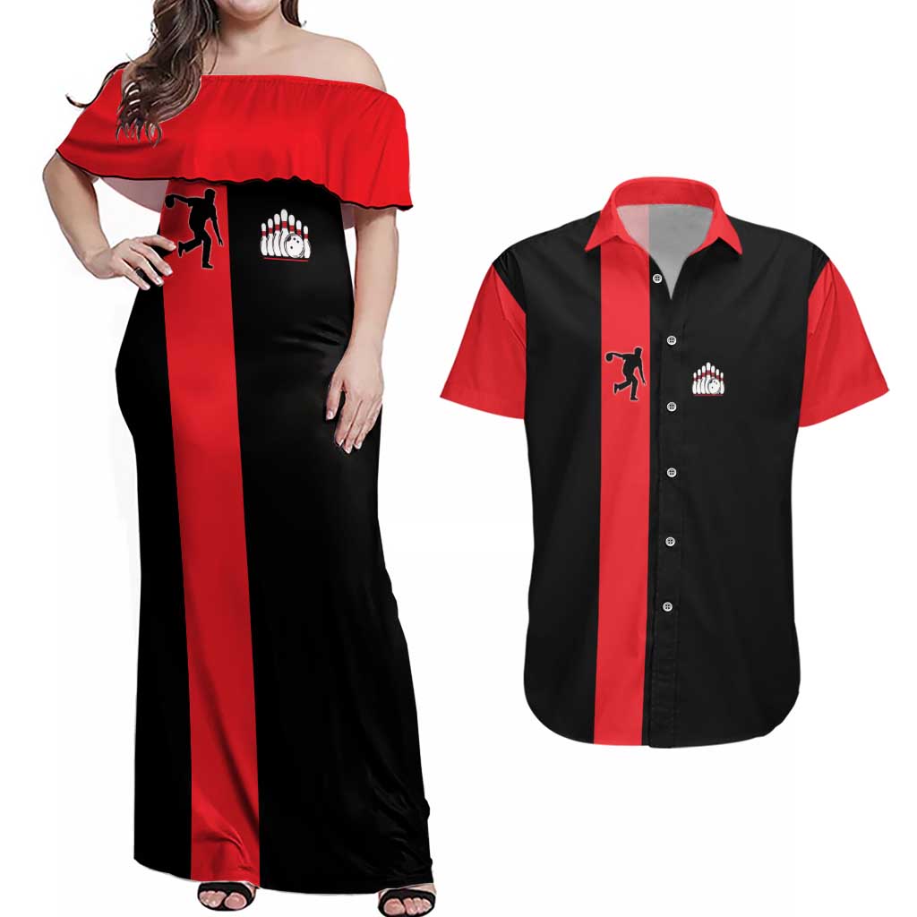 Custom Red and Black Bowling Couples Matching Off Shoulder Maxi Dress and Hawaiian Shirt with Strike Explosion Graphic Custom Name and Bowler Silhouette - Wonder Print Shop