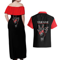Custom Red and Black Bowling Couples Matching Off Shoulder Maxi Dress and Hawaiian Shirt with Strike Explosion Graphic Custom Name and Bowler Silhouette - Wonder Print Shop