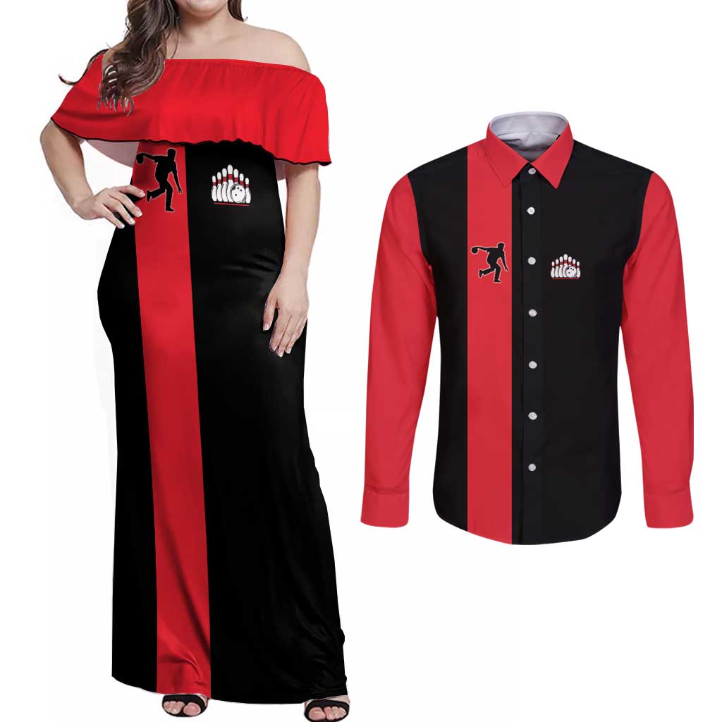 Custom Red and Black Bowling Couples Matching Off Shoulder Maxi Dress and Long Sleeve Button Shirt with Strike Explosion Graphic Custom Name and Bowler Silhouette - Wonder Print Shop