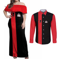 Custom Red and Black Bowling Couples Matching Off Shoulder Maxi Dress and Long Sleeve Button Shirt with Strike Explosion Graphic Custom Name and Bowler Silhouette - Wonder Print Shop