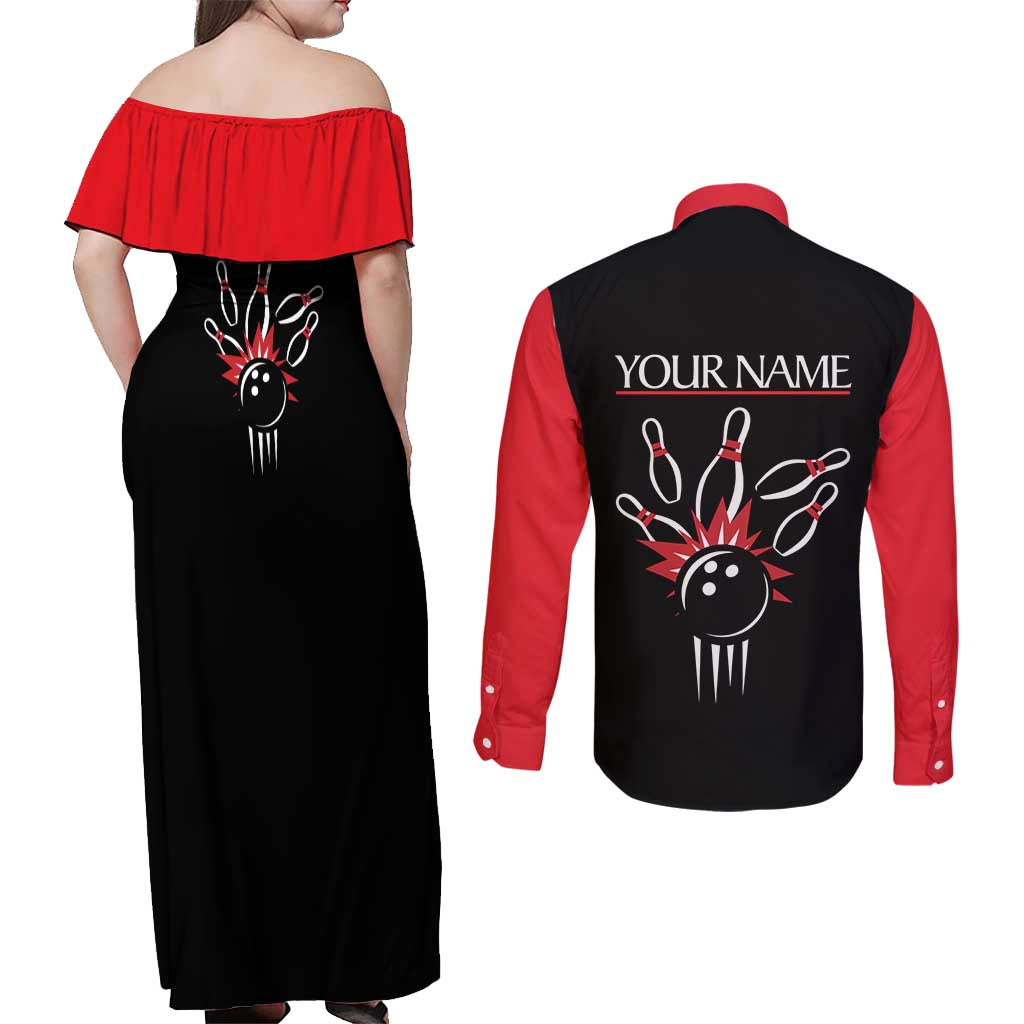 Custom Red and Black Bowling Couples Matching Off Shoulder Maxi Dress and Long Sleeve Button Shirt with Strike Explosion Graphic Custom Name and Bowler Silhouette - Wonder Print Shop