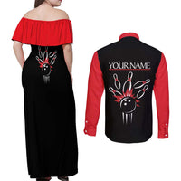 Custom Red and Black Bowling Couples Matching Off Shoulder Maxi Dress and Long Sleeve Button Shirt with Strike Explosion Graphic Custom Name and Bowler Silhouette - Wonder Print Shop