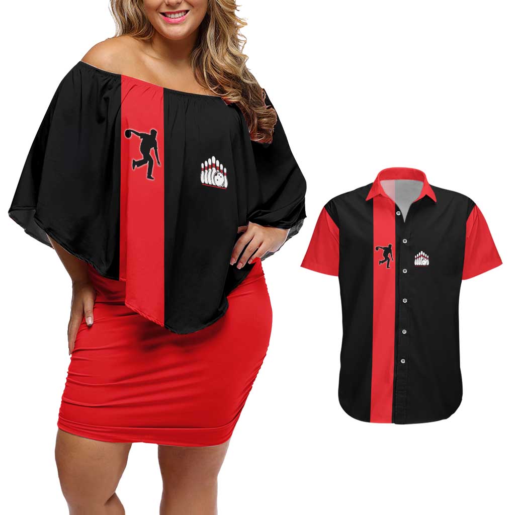 Custom Red and Black Bowling Couples Matching Off Shoulder Short Dress and Hawaiian Shirt with Strike Explosion Graphic Custom Name and Bowler Silhouette - Wonder Print Shop