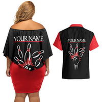 Custom Red and Black Bowling Couples Matching Off Shoulder Short Dress and Hawaiian Shirt with Strike Explosion Graphic Custom Name and Bowler Silhouette - Wonder Print Shop