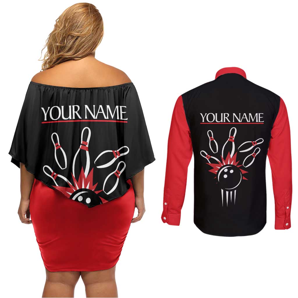 Custom Red and Black Bowling Couples Matching Off Shoulder Short Dress and Long Sleeve Button Shirt with Strike Explosion Graphic Custom Name and Bowler Silhouette - Wonder Print Shop