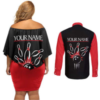 Custom Red and Black Bowling Couples Matching Off Shoulder Short Dress and Long Sleeve Button Shirt with Strike Explosion Graphic Custom Name and Bowler Silhouette - Wonder Print Shop
