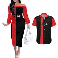 Custom Red and Black Bowling Couples Matching Off The Shoulder Long Sleeve Dress and Hawaiian Shirt with Strike Explosion Graphic Custom Name and Bowler Silhouette - Wonder Print Shop