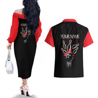 Custom Red and Black Bowling Couples Matching Off The Shoulder Long Sleeve Dress and Hawaiian Shirt with Strike Explosion Graphic Custom Name and Bowler Silhouette - Wonder Print Shop
