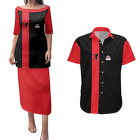 Custom Red and Black Bowling Couples Matching Puletasi and Hawaiian Shirt with Strike Explosion Graphic Custom Name and Bowler Silhouette - Wonder Print Shop