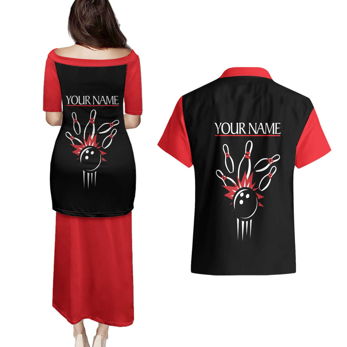 Custom Red and Black Bowling Couples Matching Puletasi and Hawaiian Shirt with Strike Explosion Graphic Custom Name and Bowler Silhouette - Wonder Print Shop