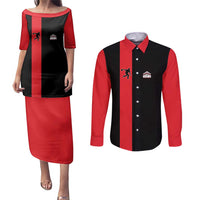 Custom Red and Black Bowling Couples Matching Puletasi and Long Sleeve Button Shirt with Strike Explosion Graphic Custom Name and Bowler Silhouette - Wonder Print Shop