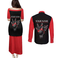 Custom Red and Black Bowling Couples Matching Puletasi and Long Sleeve Button Shirt with Strike Explosion Graphic Custom Name and Bowler Silhouette - Wonder Print Shop