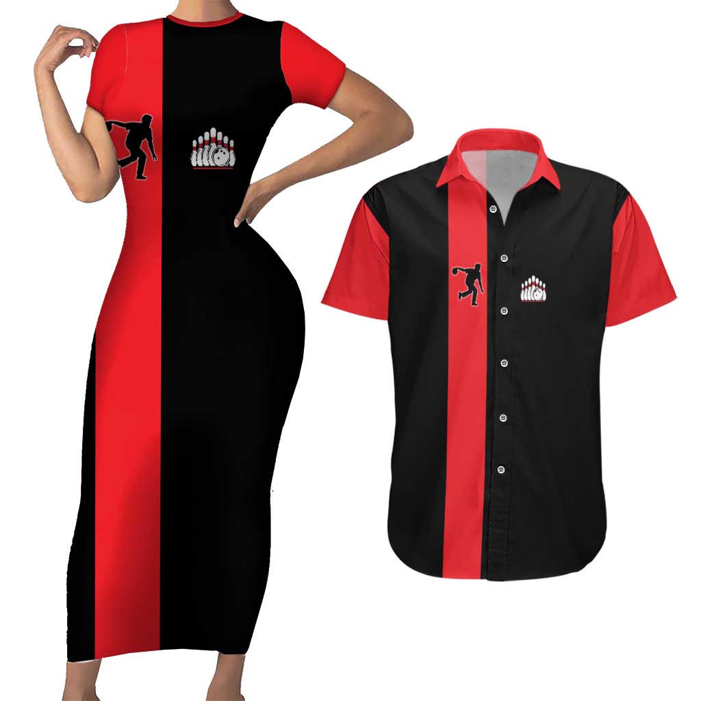 Custom Red and Black Bowling Couples Matching Short Sleeve Bodycon Dress and Hawaiian Shirt with Strike Explosion Graphic Custom Name and Bowler Silhouette - Wonder Print Shop