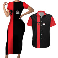 Custom Red and Black Bowling Couples Matching Short Sleeve Bodycon Dress and Hawaiian Shirt with Strike Explosion Graphic Custom Name and Bowler Silhouette - Wonder Print Shop