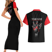 Custom Red and Black Bowling Couples Matching Short Sleeve Bodycon Dress and Hawaiian Shirt with Strike Explosion Graphic Custom Name and Bowler Silhouette - Wonder Print Shop