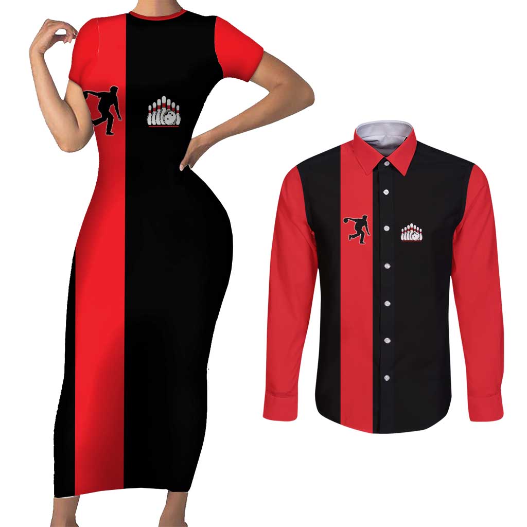 Custom Red and Black Bowling Couples Matching Short Sleeve Bodycon Dress and Long Sleeve Button Shirt with Strike Explosion Graphic Custom Name and Bowler Silhouette - Wonder Print Shop