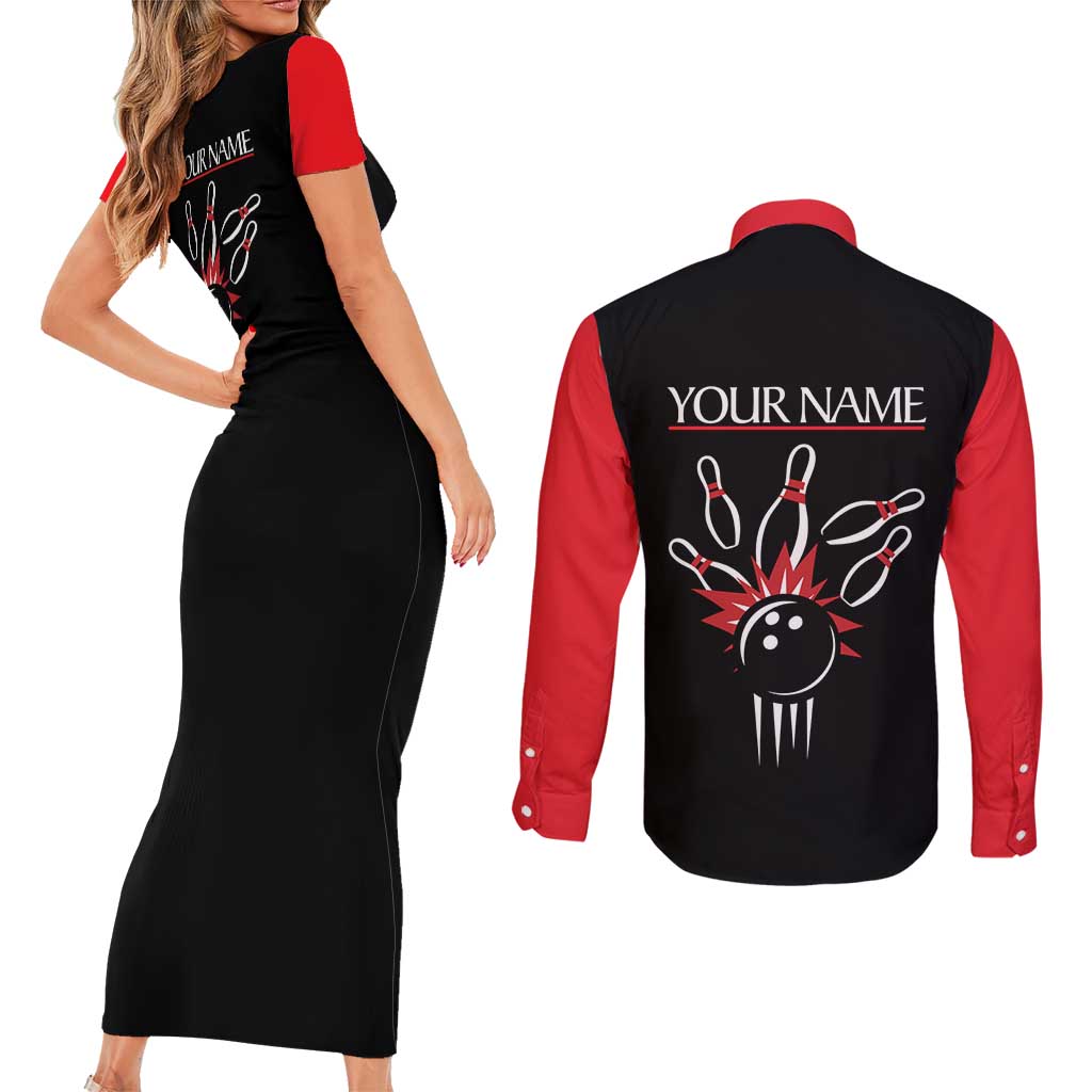 Custom Red and Black Bowling Couples Matching Short Sleeve Bodycon Dress and Long Sleeve Button Shirt with Strike Explosion Graphic Custom Name and Bowler Silhouette - Wonder Print Shop