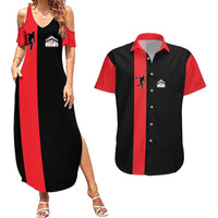 Custom Red and Black Bowling Couples Matching Summer Maxi Dress and Hawaiian Shirt with Strike Explosion Graphic Custom Name and Bowler Silhouette - Wonder Print Shop