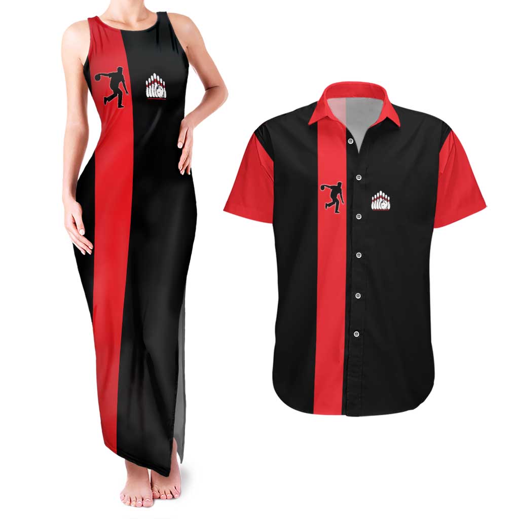 Custom Red and Black Bowling Couples Matching Tank Maxi Dress and Hawaiian Shirt with Strike Explosion Graphic Custom Name and Bowler Silhouette - Wonder Print Shop