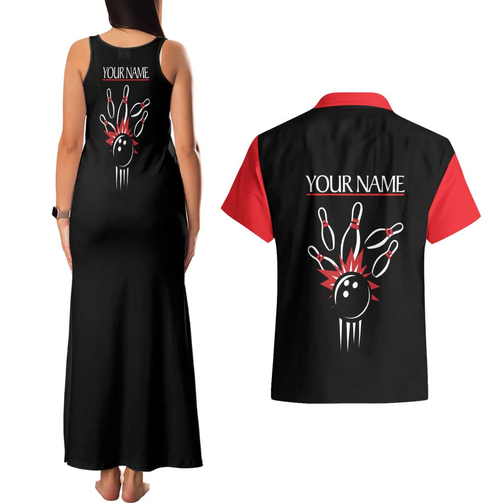 Custom Red and Black Bowling Couples Matching Tank Maxi Dress and Hawaiian Shirt with Strike Explosion Graphic Custom Name and Bowler Silhouette - Wonder Print Shop