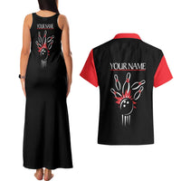 Custom Red and Black Bowling Couples Matching Tank Maxi Dress and Hawaiian Shirt with Strike Explosion Graphic Custom Name and Bowler Silhouette - Wonder Print Shop