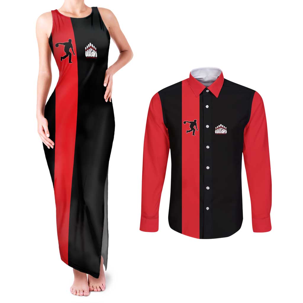 Custom Red and Black Bowling Couples Matching Tank Maxi Dress and Long Sleeve Button Shirt with Strike Explosion Graphic Custom Name and Bowler Silhouette - Wonder Print Shop