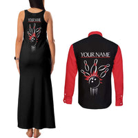 Custom Red and Black Bowling Couples Matching Tank Maxi Dress and Long Sleeve Button Shirt with Strike Explosion Graphic Custom Name and Bowler Silhouette - Wonder Print Shop