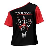 Custom Red and Black Bowling Cross Shoulder Shirt with Strike Explosion Graphic Custom Name and Bowler Silhouette - Wonder Print Shop