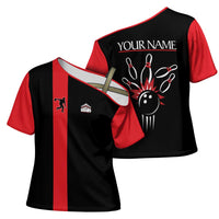 Custom Red and Black Bowling Cross Shoulder Shirt with Strike Explosion Graphic Custom Name and Bowler Silhouette - Wonder Print Shop