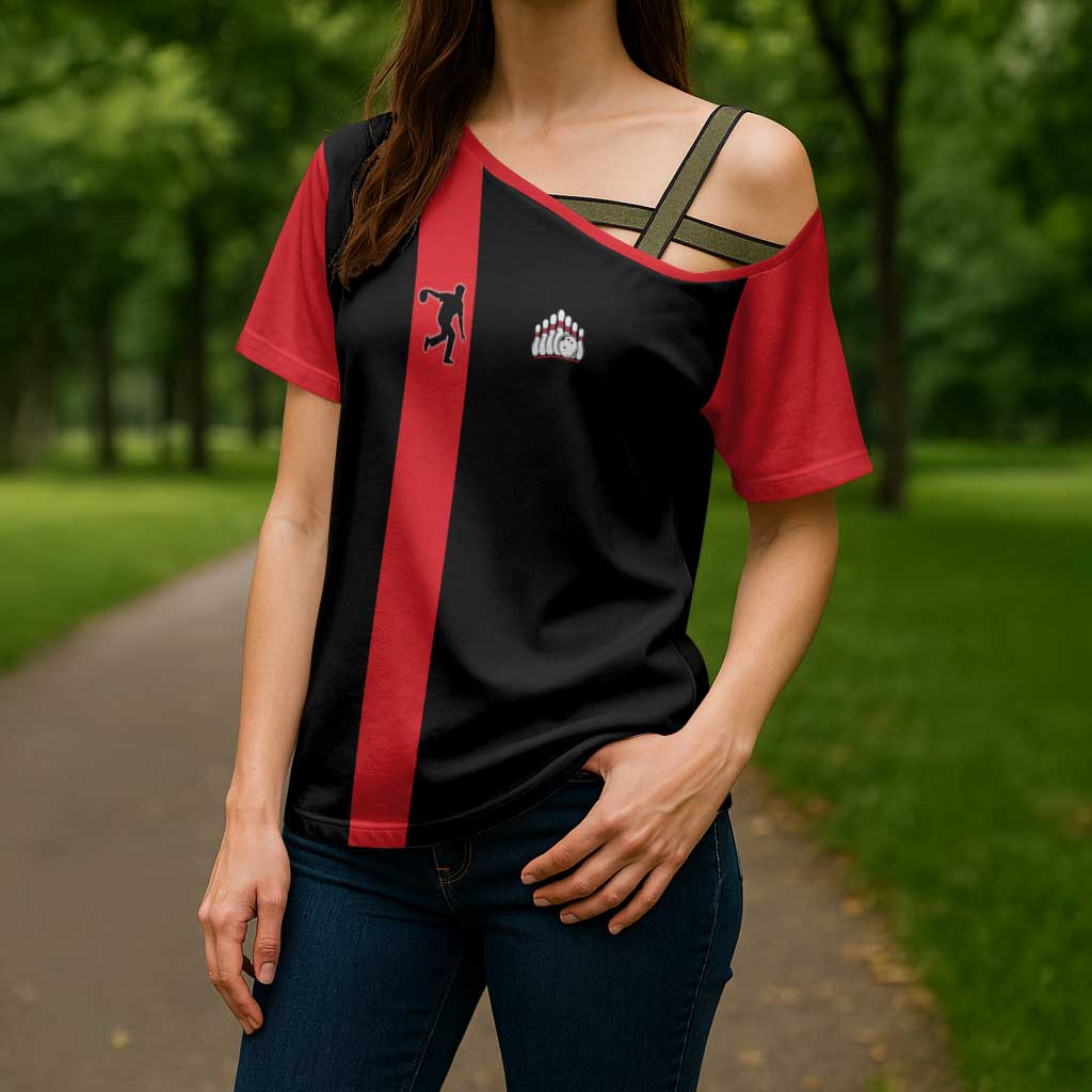 Custom Red and Black Bowling Cross Shoulder Shirt with Strike Explosion Graphic Custom Name and Bowler Silhouette - Wonder Print Shop