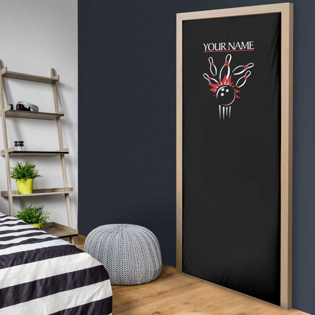 Custom Red and Black Bowling Door Cover with Strike Explosion Graphic Custom Name and Bowler Silhouette - Wonder Print Shop
