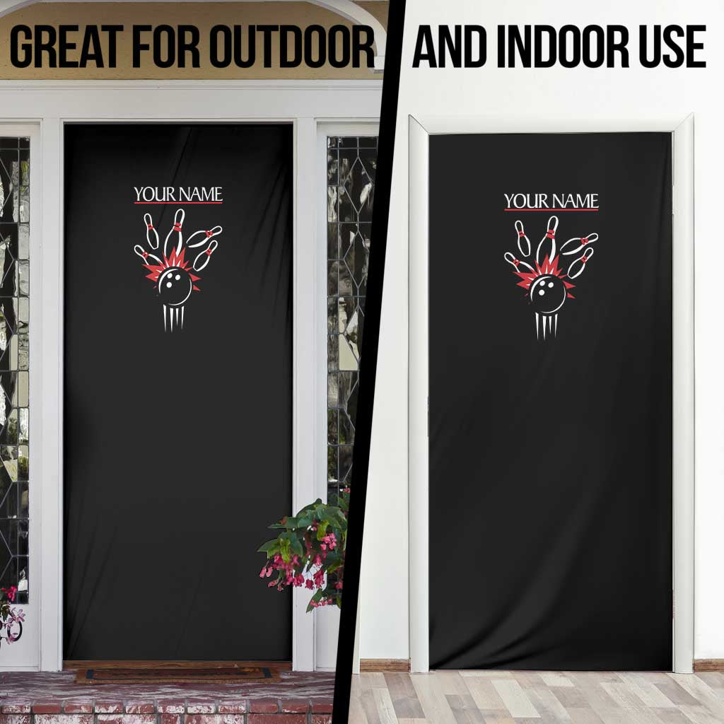 Custom Red and Black Bowling Door Cover with Strike Explosion Graphic Custom Name and Bowler Silhouette - Wonder Print Shop