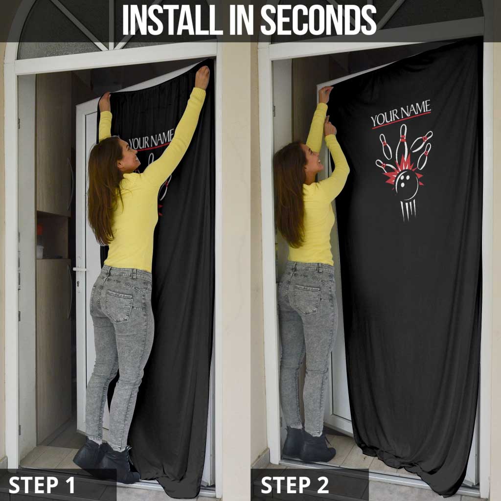 Custom Red and Black Bowling Door Cover with Strike Explosion Graphic Custom Name and Bowler Silhouette - Wonder Print Shop