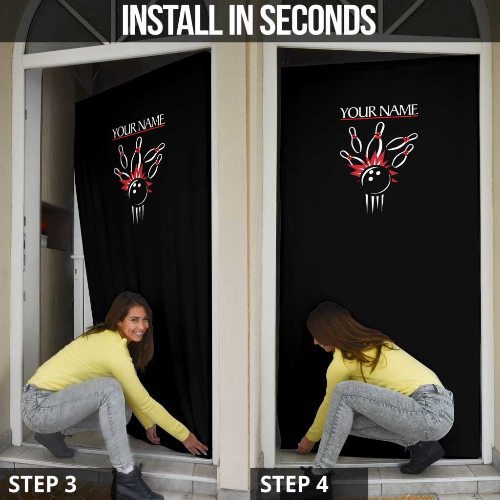 Custom Red and Black Bowling Door Cover with Strike Explosion Graphic Custom Name and Bowler Silhouette - Wonder Print Shop